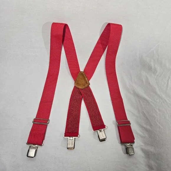 USA Vintage 70's Red CANVAS Straps TOP-GRAIN Leather CLIPS 46" X 2" Suspenders. - Picture 7 of 17